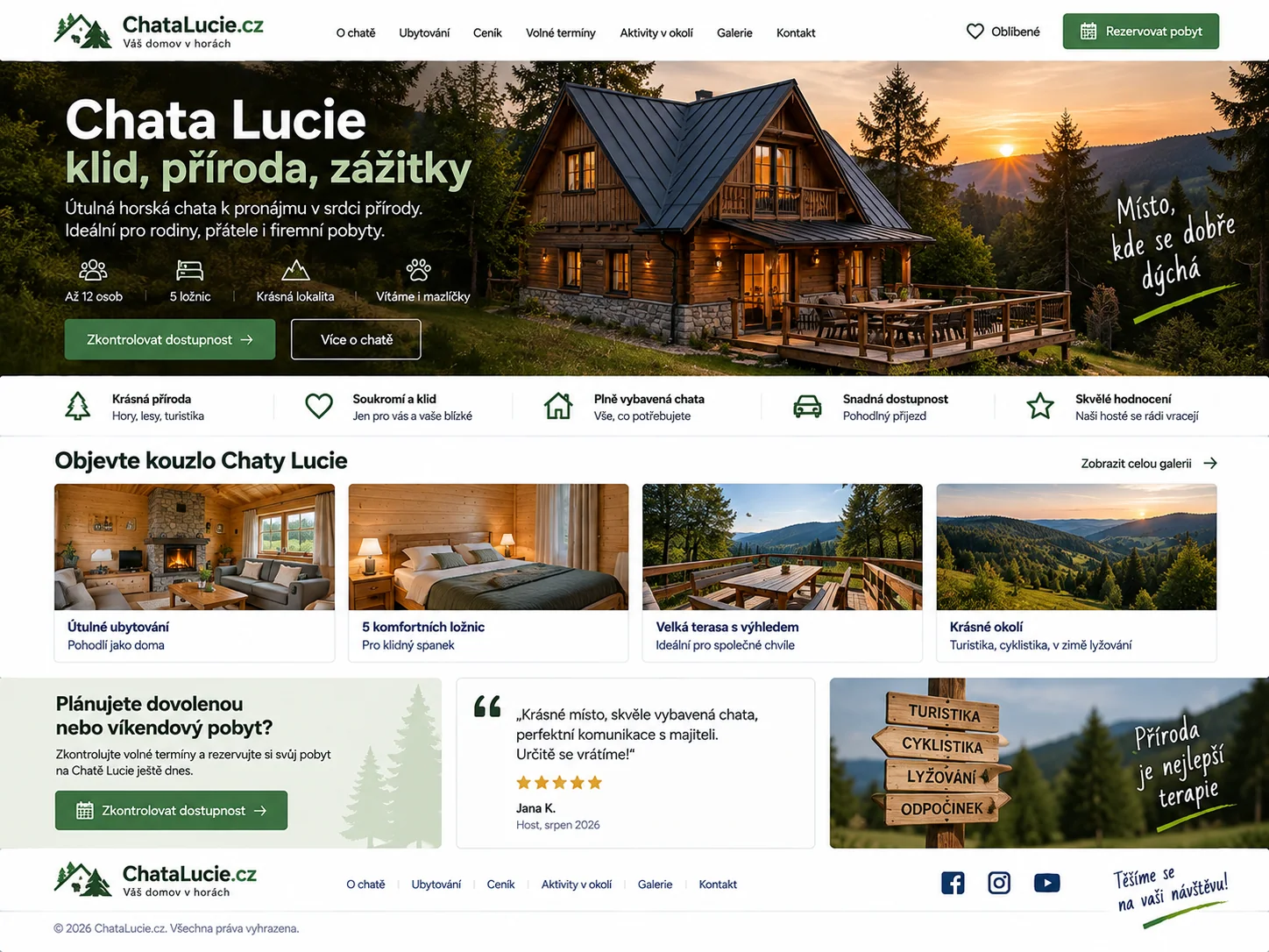 Ilustrační návrh webu ChataLucie.cz s útulnou chatou v přírodě a nabídkou pobytu